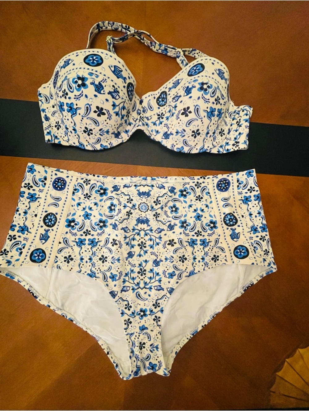 Tory Burch White Bikini with Blue Floral Paisley Print